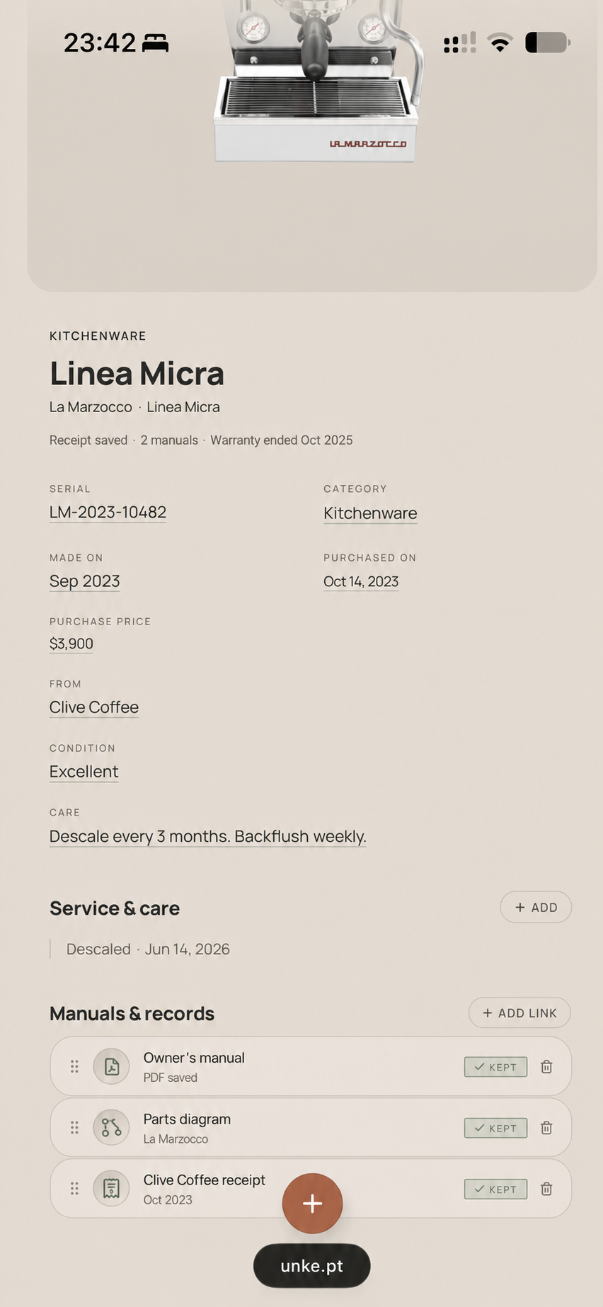 An unkept product passport for a La Marzocco Linea Micra, showing purchase details, care instructions, service log, and saved manuals.